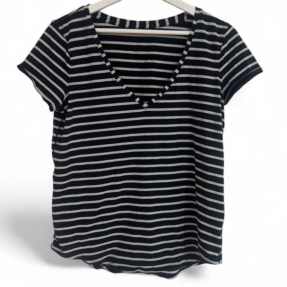 lululemon athletica Black and White Striped Short Sleeve V-Neck Tee